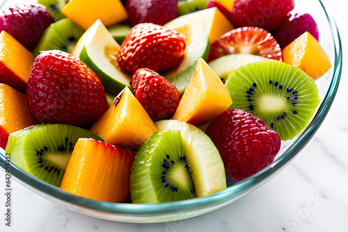 Close-up shot of a colorful and vibrant fruit salad in a glass bowl
