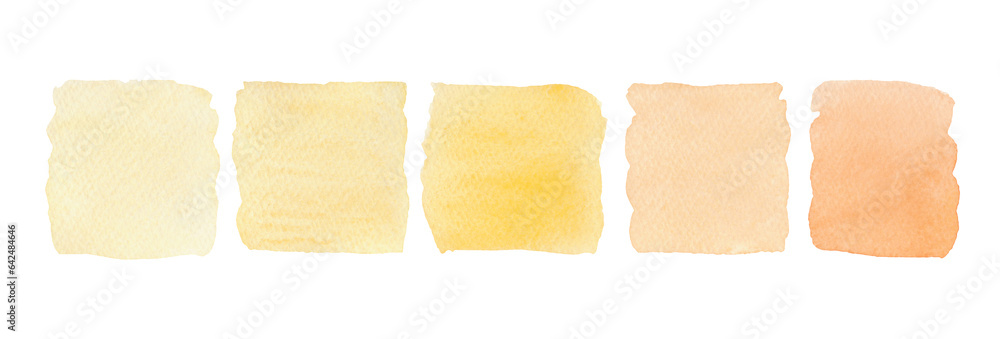 A set of watercolor spots in light pastel yellow-orange shades, isolated on a white background, hand-drawn. The texture of watercolor on paper. An element for design and decoration with space for text