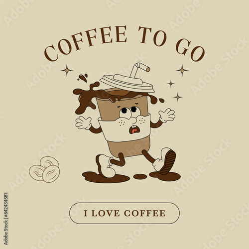 Coffee character in retro style, vintage poster. International coffee day. Coffee to go or takeaway concept with vintage walking paper coffee cup character. Groovy coffee
