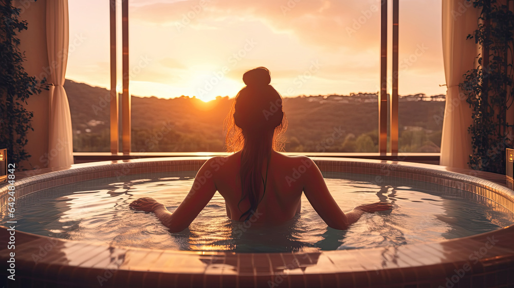 Luxury travel vacation woman relaxing in hotel jacuzzi pool watching sunset. Generative Ai - obrazy, fototapety, plakaty 