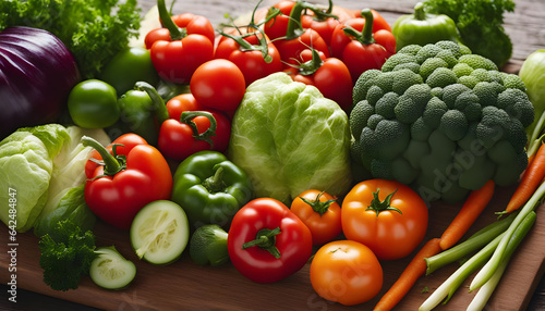 Colorful array of farm-fresh vegetables neatly arranged on a wooden cutting board