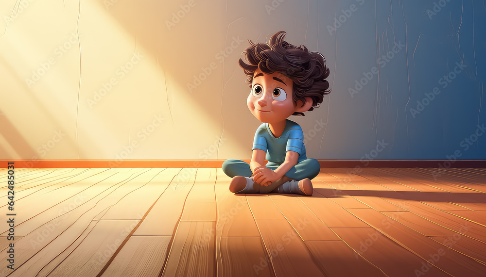 boy in blue shoes sitting on wooden floor inside room - obrazy, fototapety, plakaty 