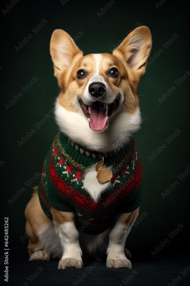 Adorable Corgi dog wearing a festive Christmas sweater, posing on a dark green background. Perfect for holiday season greetings or pet-themed celebrations