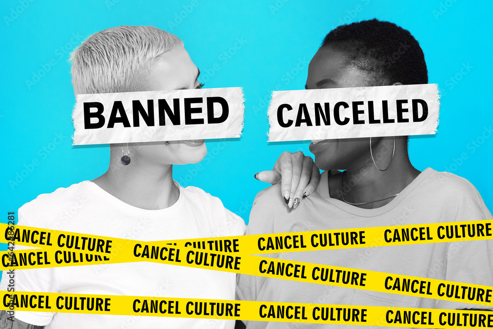 Social media, cancel culture and women online, internet or influencer friends on a studio blue background. Negative, bad and graphic words for banned or fail for public or political opinion or voice - obrazy, fototapety, plakaty 
