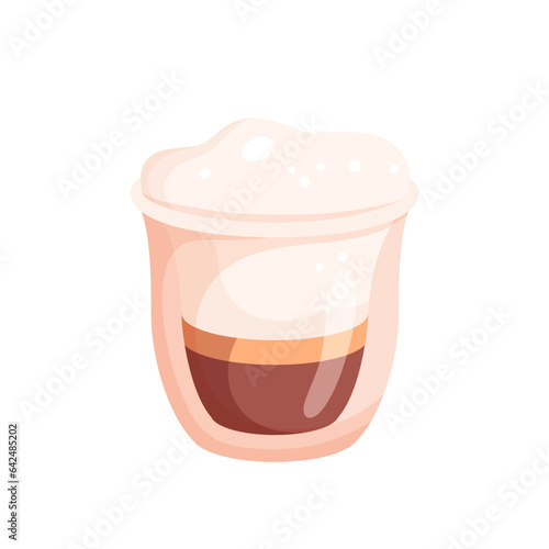 Coffee latte macchiato in shot glass vector illustration. Cartoon isolated cup of hot drink with layers of espresso coffee, caramel and whipped cream milk foam, layered sweet beverage with caffeine