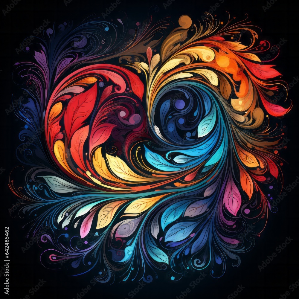 Illustration of a vibrant and intricate heart-shaped swirl design on a black background created with Generative AI technology Illustration of a vibrant and intricate heart-shaped swirl design on a black background created with Generative AI technology
