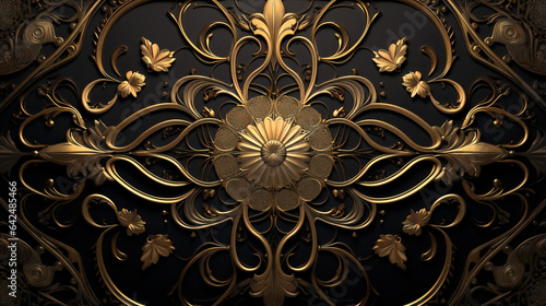 Golden Floral Abstract Background. Luxurious  Golden Flowers, Black and Elegant 3D wallpaper illustration for Interior Mural Painting wall art Decor. Generative AI