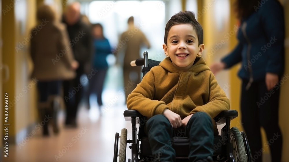 Inclusiveness and accessibility of healthcare facilities for children with disabilities. Disabled boy in a wheelchair in the hospital Inclusiveness and accessibility of healthcare facilities for children with disabilities. Disabled boy in a wheelchair in the hospital