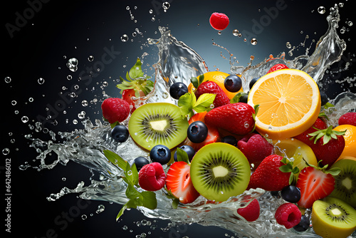 Various types of fruits  bright colors  beautiful and delicious  with splashes of water.