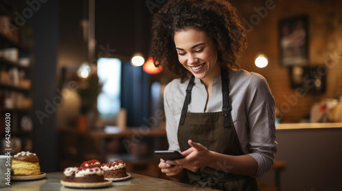 Young woman prepares a dessert in the kitchen of her home. She looks at her phone to check the recipe.