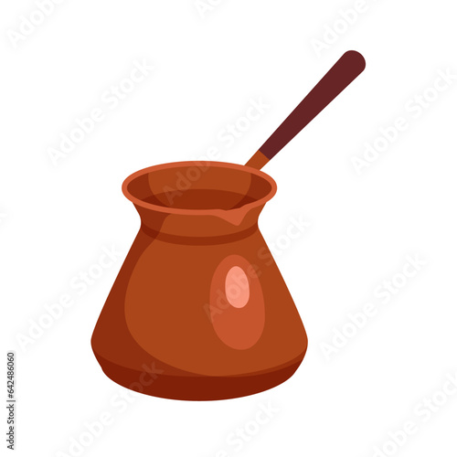 Cezve for brewing coffee vector illustration. Cartoon isolated Turkish copper pot with handle to brew aromatic natural beverage on fire or sand, vintage equipment of restaurant or home in Turkey