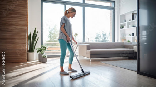 Woman cleaning floor with wet mop at home.