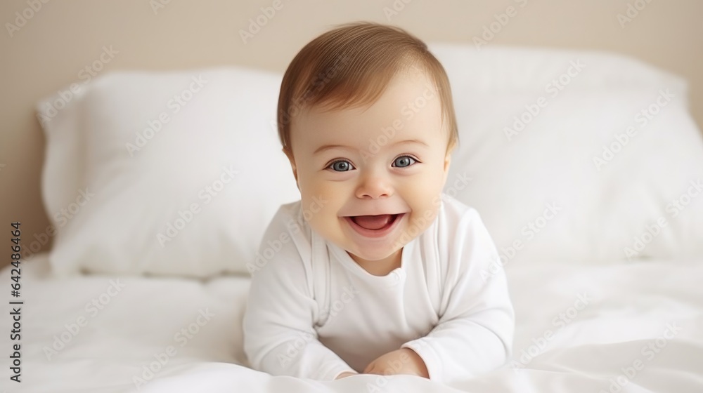 Touching portrait of a 5-month-old baby boy with Down Syndrome, highlighting his joyful and tender moments on the bed in his home bedroom.