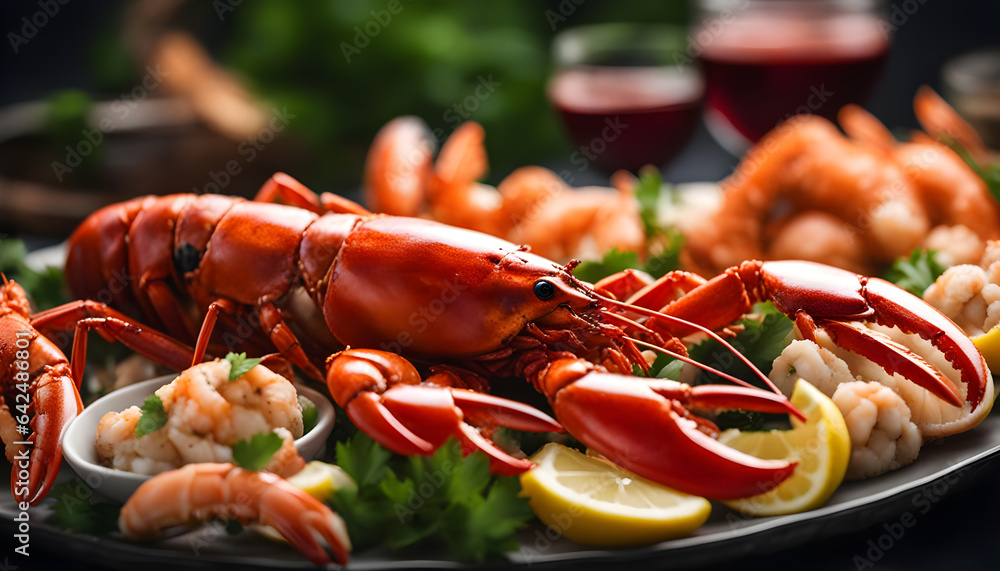 Seafood feast with a lobster, crab, and shrimp displayed on a seafood