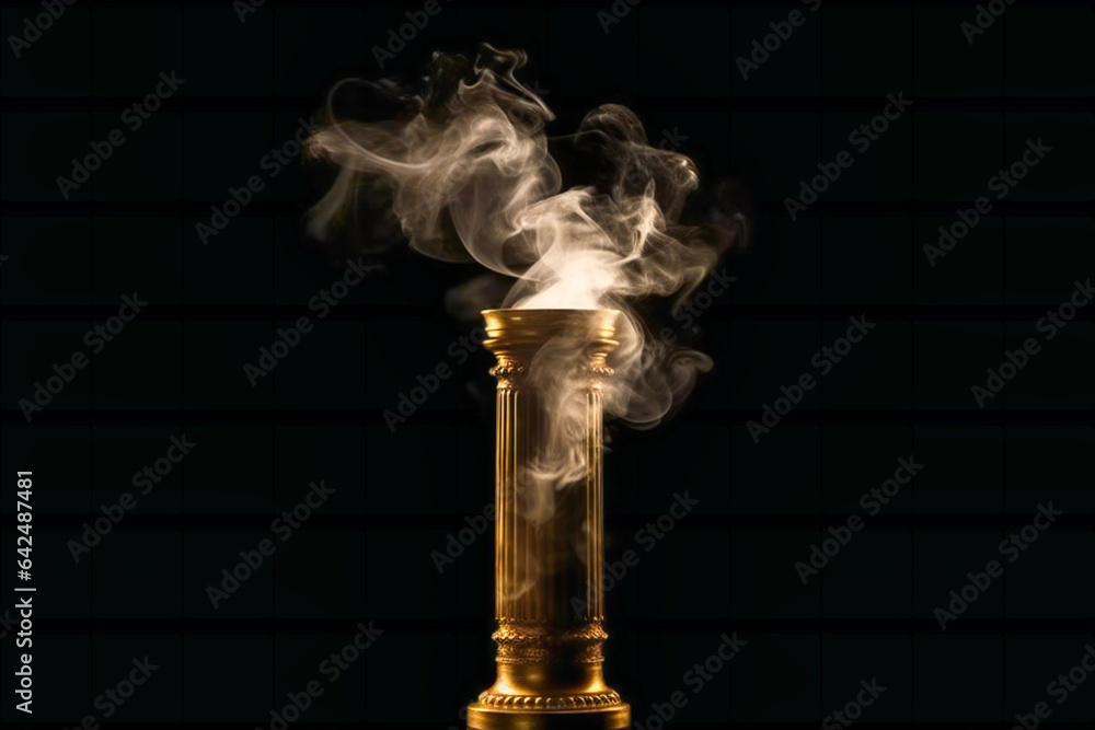 A golden brass pillar on a black background with smoke stream