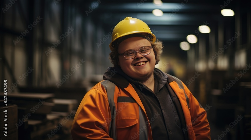 Inspiring image of a young man with Down Syndrome working confidently in an industrial plant. Inspiring image of a young man with Down Syndrome working confidently in an industrial plant.