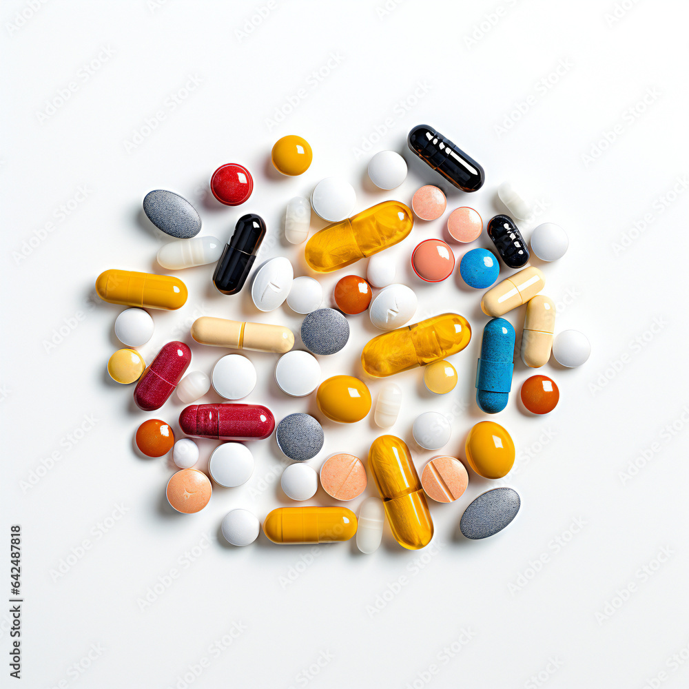  A bunch of pills for medication on a white background