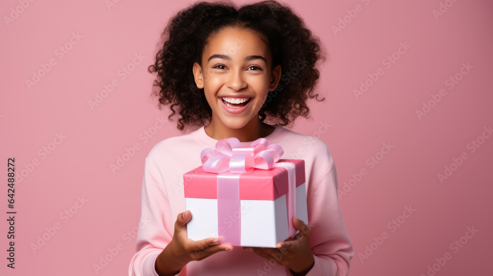Happy brunette girl holding gift box and looking at the camera while enjoys over pink background Happy brunette girl holding gift box and looking at the camera while enjoys over pink background