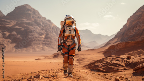 An astronaut in a suit walks on the planet's surface