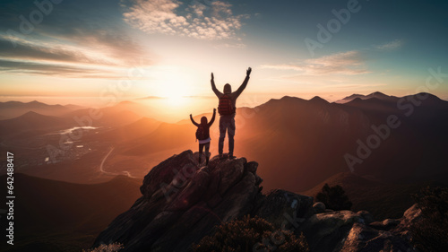 Two tourists with arms up on the top of the mountain - Hikers on the cliff raising hands to the sky.