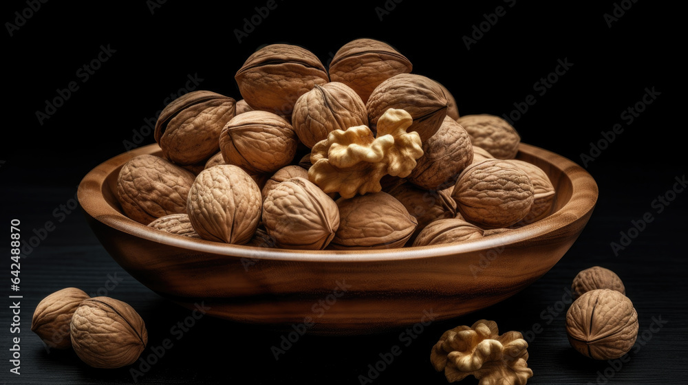 Plate with walnuts on a black background Plate with walnuts on a black background