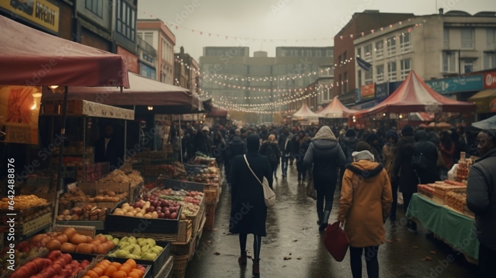 Naklejka premium Fictitious busy market on a rainy day in the UK AI Generative