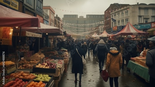 Fictitious busy market on a rainy day in the UK AI Generative