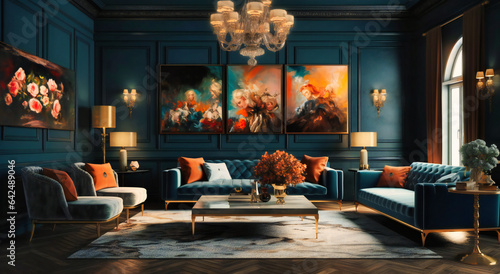 Modern Living Room with Dark Blue Accent Wall: Contemporary Interior Design © Rabbi