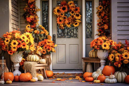 Autumn front porch with wreath, garlands, sunflowers, pumpkins, floral, home exterior decor