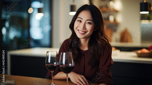 Young Asian woman sits with a glass of red wine © MP Studio