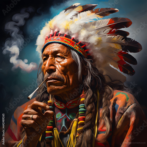 Sacred Tradition: Colorful American Indian with Peace Pipe photo