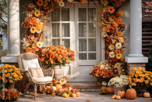 Autumn front porch with chair, garlands, sunflowers, pumpkins, floral, home exterior decor