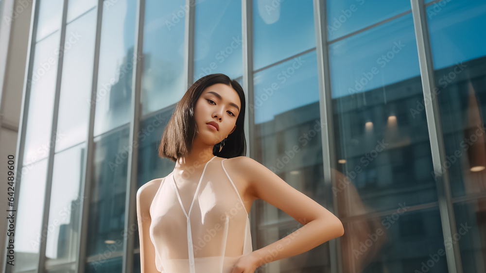 Portrait of a swimming suit woman confident in front of modern building. Slender young fashionable girl standing in front of the building. Generative AI. Portrait of a swimming suit woman confident in front of modern building. Slender young fashionable girl standing in front of the building. Generative AI.
