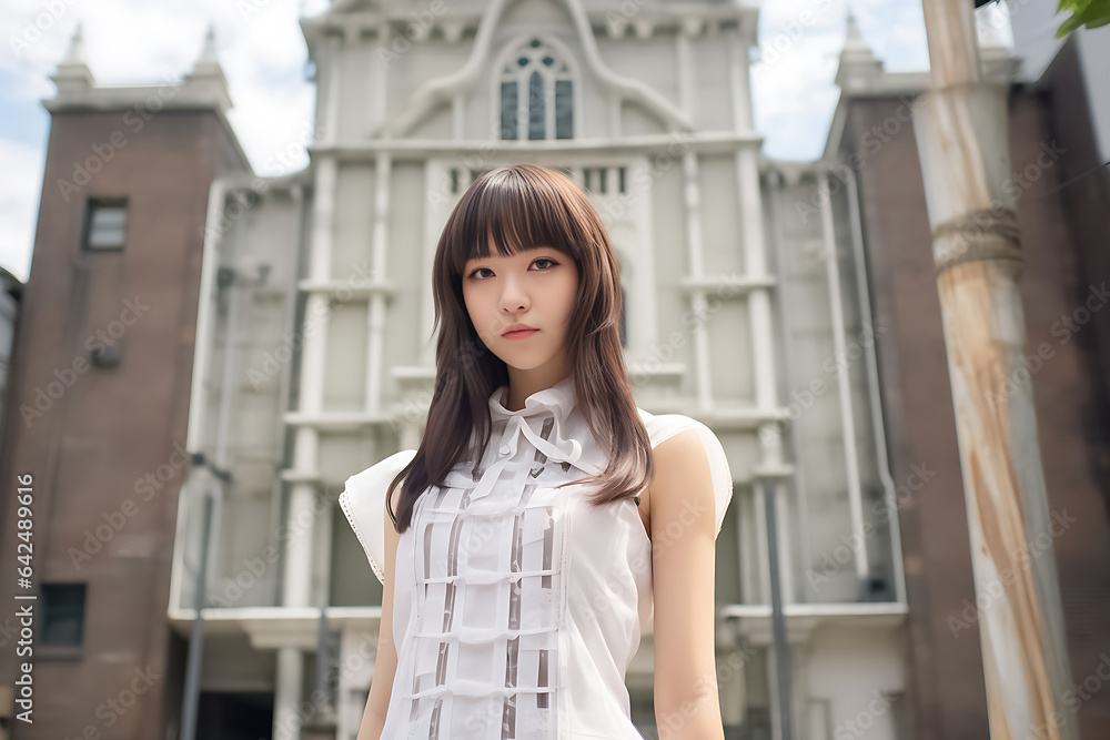Portrait of a swimming suit woman confident in front of modern building. Slender young fashionable girl standing in front of the building. Generative AI. Portrait of a swimming suit woman confident in front of modern building. Slender young fashionable girl standing in front of the building. Generative AI.