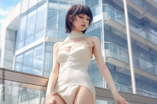 Portrait of a swimming suit woman confident in front of modern building. Slender young fashionable girl standing in front of the building. Generative AI. Free Download Portrait of a swimming suit woman confident in front of modern building. Slender young fashionable girl standing in front of the building. Generative AI. - GFXLoad