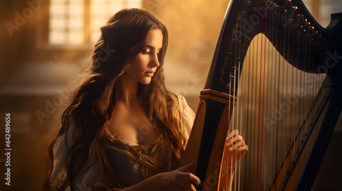 Obraz na plátně Ethereal Melodies: Enchanting Girl Playing the Harp