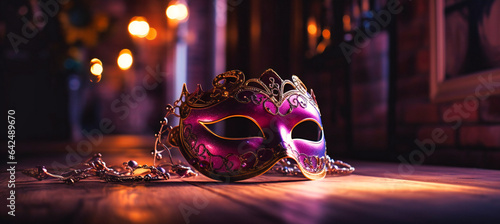 purple and silver masquerade mask on the floor in the evening with colorful lights
