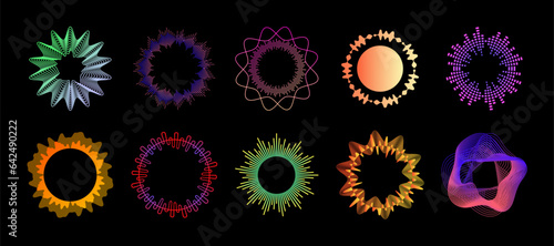 Music waves. Circle audio sound waveform. 3D energy radial pattern. Data frequency. Abstract curve rings. Voice vibration. Geometric shapes. Musical equalizer. Vector soundwaves set