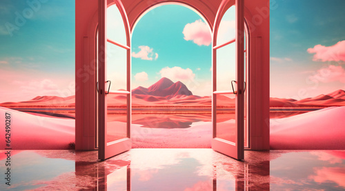 Artistic Image of Pink Desert with Open Door, Blue Sky, and Clouds: Surreal Landscape