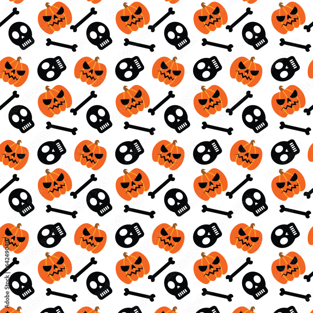 Halloween seamless pattern with pumpkin, skull and bones isolated on white background