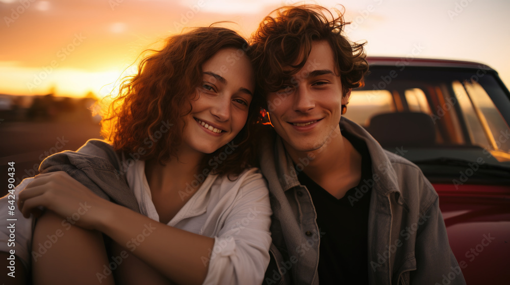 Young couple smiles against the backdrop of the setting sun during their trip