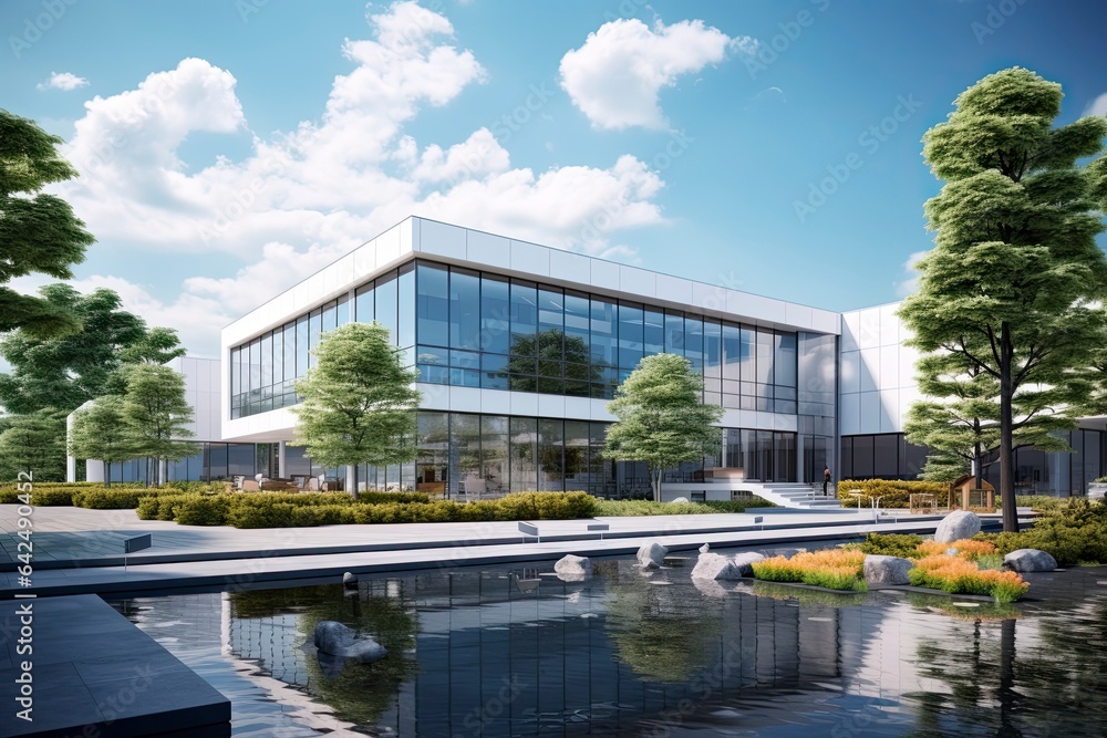 Fototapeta premium A beautiful building reflected in a serene pond created with Generative AI technology
