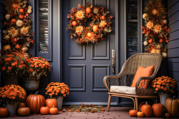 Autumn front porch with wreath, garlands, chair, pumpkins, floral, home exterior decor