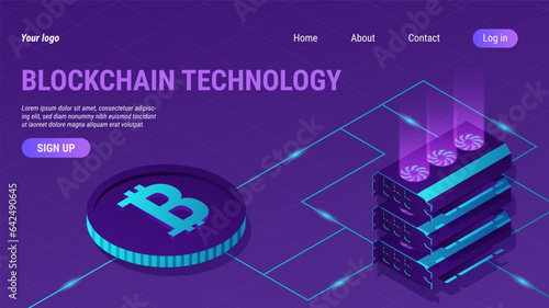Blockchain technology landing page. Crypto currency mining. Isometric Ethereum banner. Bitcoin investment. 3D money farm. Cryptocurrency exchange. Video card. Vector website template