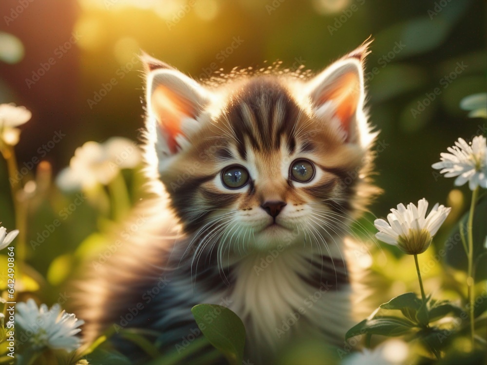 Beautiful cute baby kitten in a summer garden. Little kitten standing on flowers garden. Generative AI Beautiful cute baby kitten in a summer garden. Little kitten standing on flowers garden. Generative AI