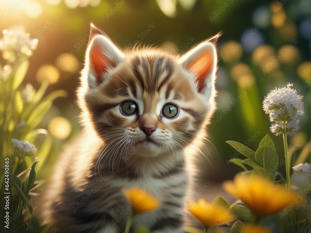 Beautiful cute baby kitten in a summer garden. Little kitten standing on flowers garden. Generative AI Beautiful cute baby kitten in a summer garden. Little kitten standing on flowers garden. Generative AI