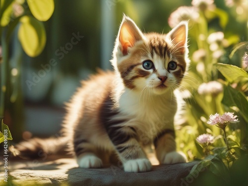 Beautiful cute baby kitten in a summer garden. Little kitten standing on flowers garden. Generative AI © Creatively