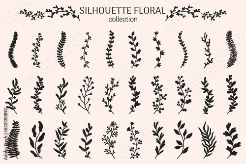 Branch icons. Black leaf, eucalyptus plants, vine sprig, flower and tree twig, olive or palm logo, herbs stem. Frame and border. Bbotanical decorative silhouette. Vector floral illustration