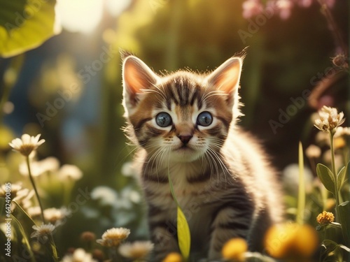 Beautiful cute baby kitten in a summer garden. Little kitten standing on flowers garden. Generative AI