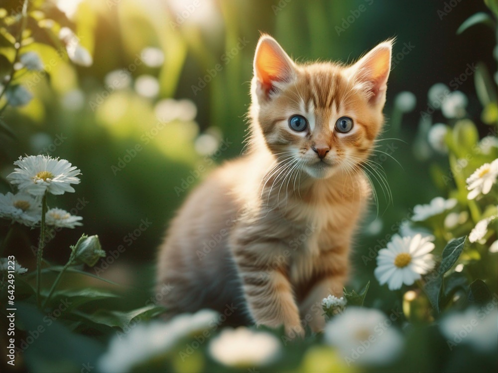 Beautiful cute baby kitten in a summer garden. Little kitten standing on flowers garden. Generative AI